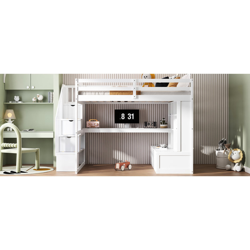 Lit mezzanine blanc avec bureau, tablettes, deux tiroirs et coffre-fort de rangement polyvalent avec 2 escaliers