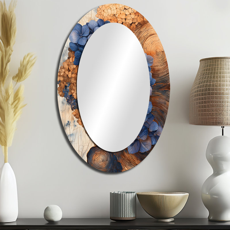 Décoration aqua turquoise hydrangées sur miroir en bois - miroir ovale bleu, 36 po x 24 po