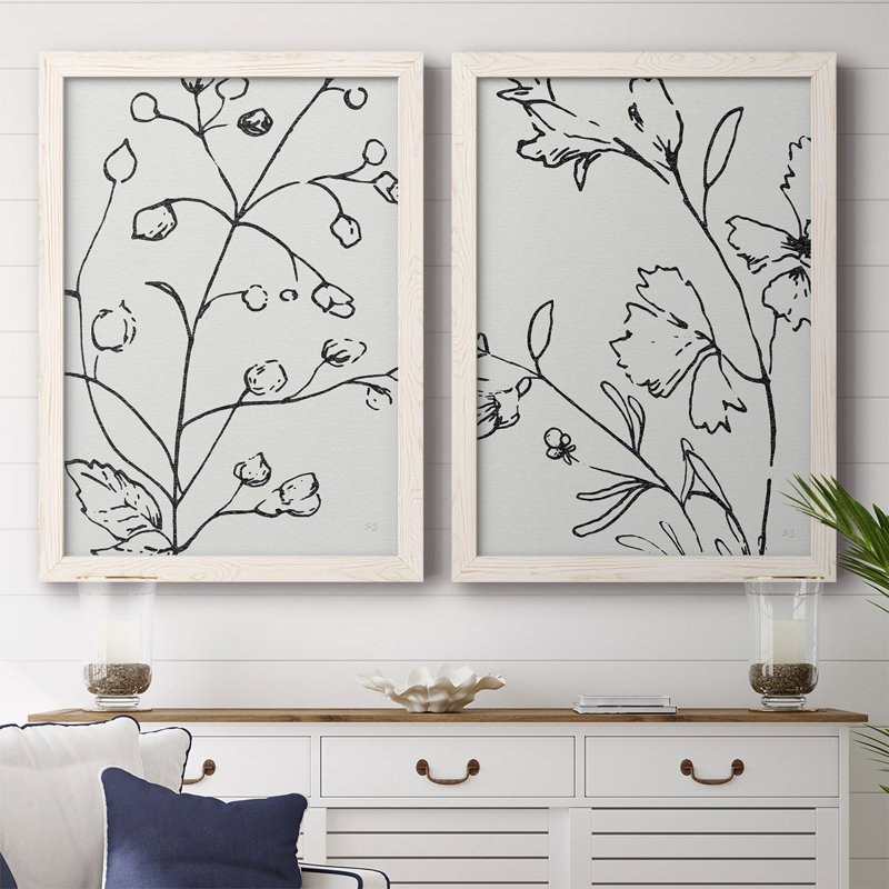 " Botanical Sketch I " 2 - Pieces, White Framed, 27.5" H x 75" W x 1.5" D
