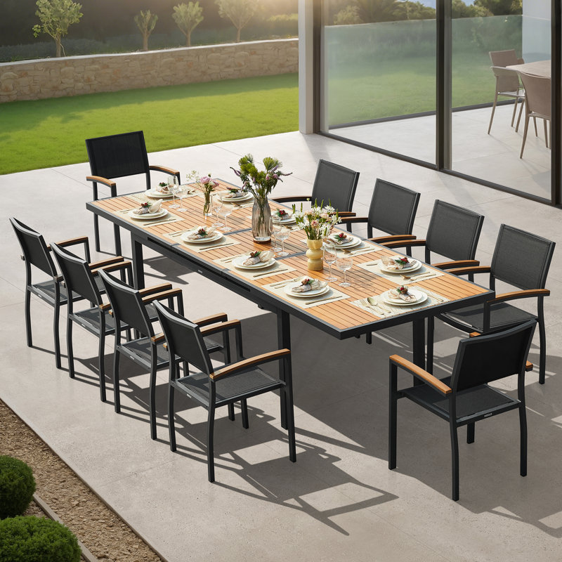 Heck 10 - Person Rectangular Outdoor Dining Set with Extension Teak Tabletop, Dark Charcoal, 10, 30.3" H x 118" W x 39.5" D