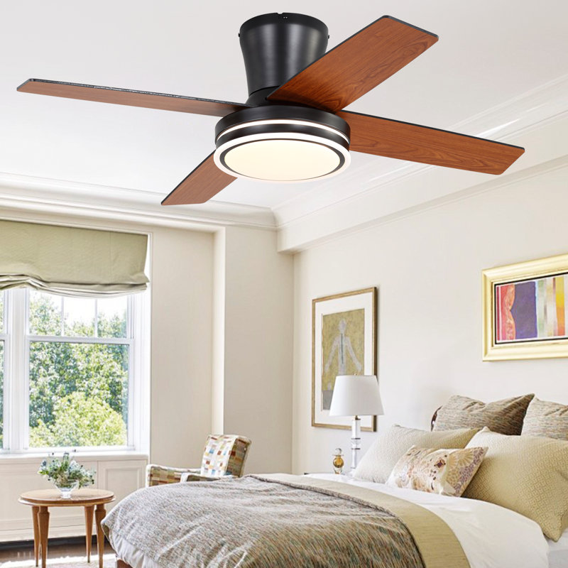 44" Modern Flush Mount Ceiling Fan with Lights and Remote, 6 Speed Reversible DC Motor, Low Profile Ceiling Fan, Black, Black