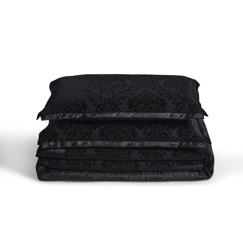 Polyester Floral Bedspread with Pillow Shams Included, Black, Kingsize Bedspread + 2 Standard Shams