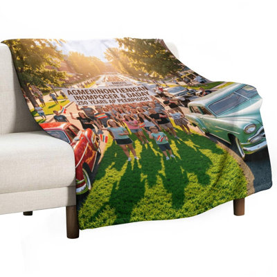 Vintage Cars And People Holding Sign On Grass Luxury Flannel Throw Blanket, Soft Warm Fuzzy Blanket for Living Room Sofa Bed Home Decor