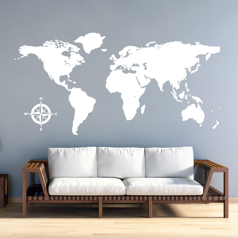 Adhésif décoratif carte du monde en vinyle, H 22 po x L 44 po, Blanc