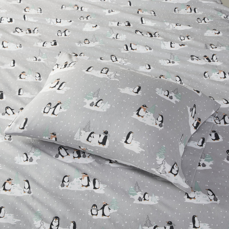 Ensemble de draps 100% coton Cozy, Ensemble de draps pour très grand lit avec 2 taie, Pingouins, gris
