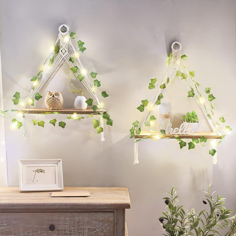 Artificial Ivy Macrame Hanging Shelves With Lights Set Of 2 Boho Wall Decor Display Plants Photos Wood Floating Storage Shelf For Bedroom Bathroom Living Room Nursery Dorm Kitchen, White