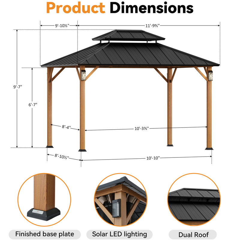 Horizon 10' x 12' Hard Top Gazebo With Solar Self Powered LED Lights, Mosquito Netting and Canopy Hook, Brown