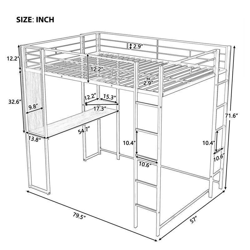 Lit mezzanine double en métal avec bureau et tablettes intégrés