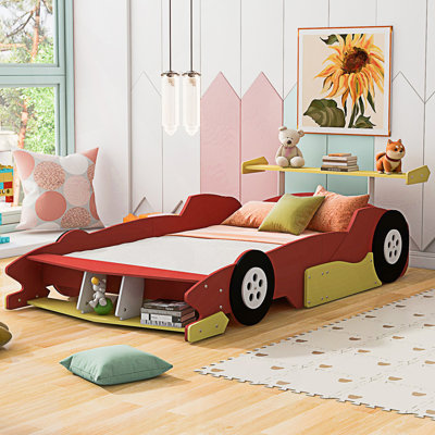 Lit plateforme pleine grandeur en forme de voiture de course avec roulettes