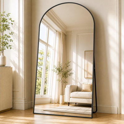 76" x 34" Arched Full Length Mirror, Black Aluminum Frame Floor Mirror, HD Tempered Glass, Freestanding or Leaning Dressing Mirror with Stand & Shatterproof Film