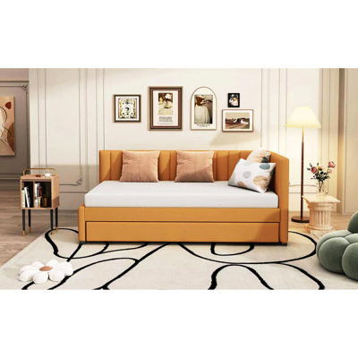 Daybed With Twin Trundle In Yellow Linen Fabric, Structure, No Box Spring Required Size Upholstered Trundle, Linen, Practical And Stylish Bed
