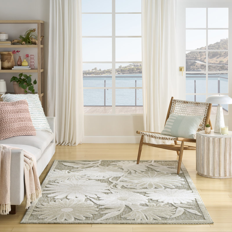 Floral Indoor/Outdoor Ivory Sage Area Rug, Rectangle 160 x 226 cm