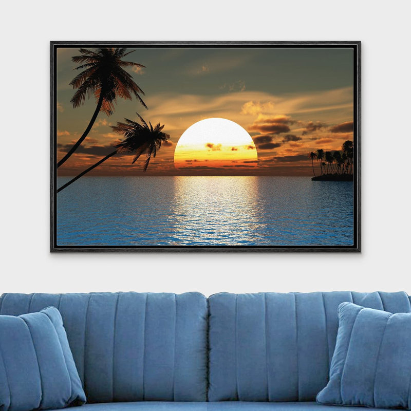 «Coastal Beach Tropical Sunset», H 16 po x l 24 po, Cadre flottant noir