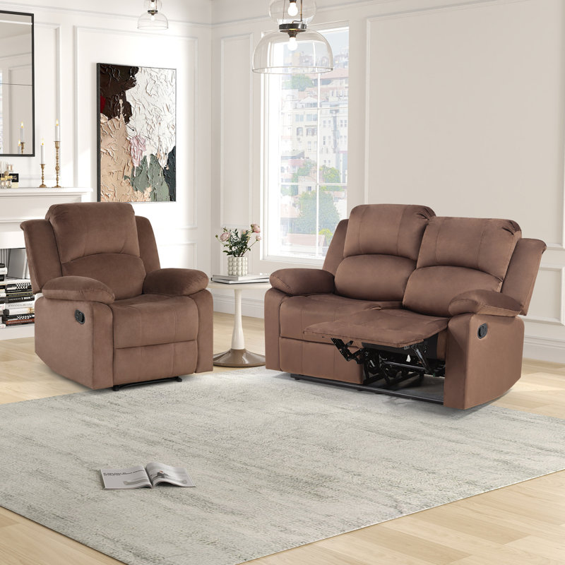 Llanos 2 Piece Comfortable Microfiber Manual Reclining Living Room Set with Elegant Recliner & Loveseat, Brown