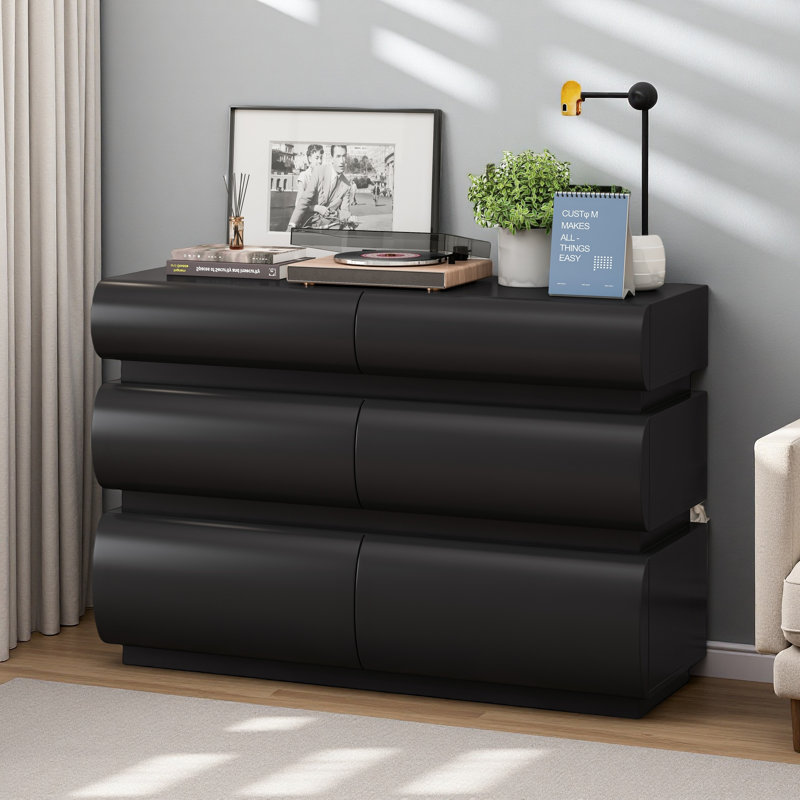Commode 6 tiroirs pour chambre à coucher, commode sans poignée, commode moderne 6 tiroirs avec rangement large, Noir