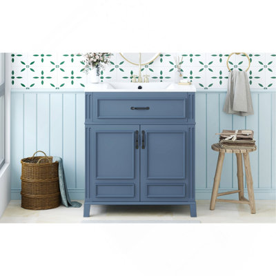 Meuble-lavabo de 30 po avec lavabo en céramique, armoire de rangement en bois massif avec portes à fermeture douce, style rétro, bleu