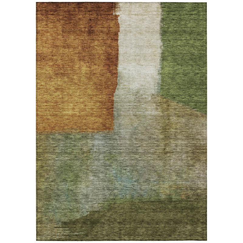 Tapis extérieur lavable abstrait 8 pi x 10 pi vert cuivre et beige