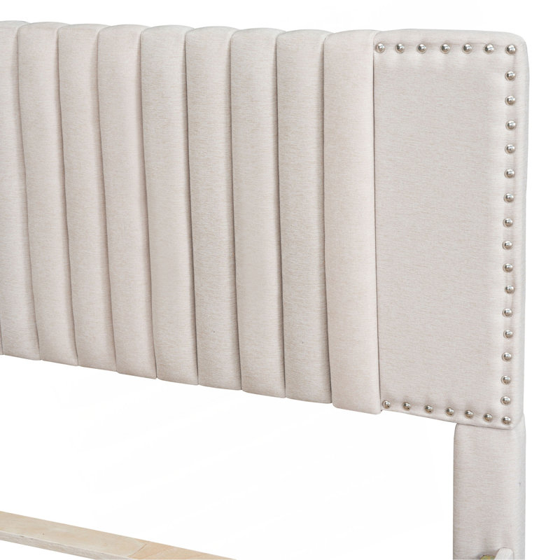 Lit plateforme double tapissier pleine grandeur avec 2 tiroirs et 1 lit gigogne simple, tête de lit classique, beige