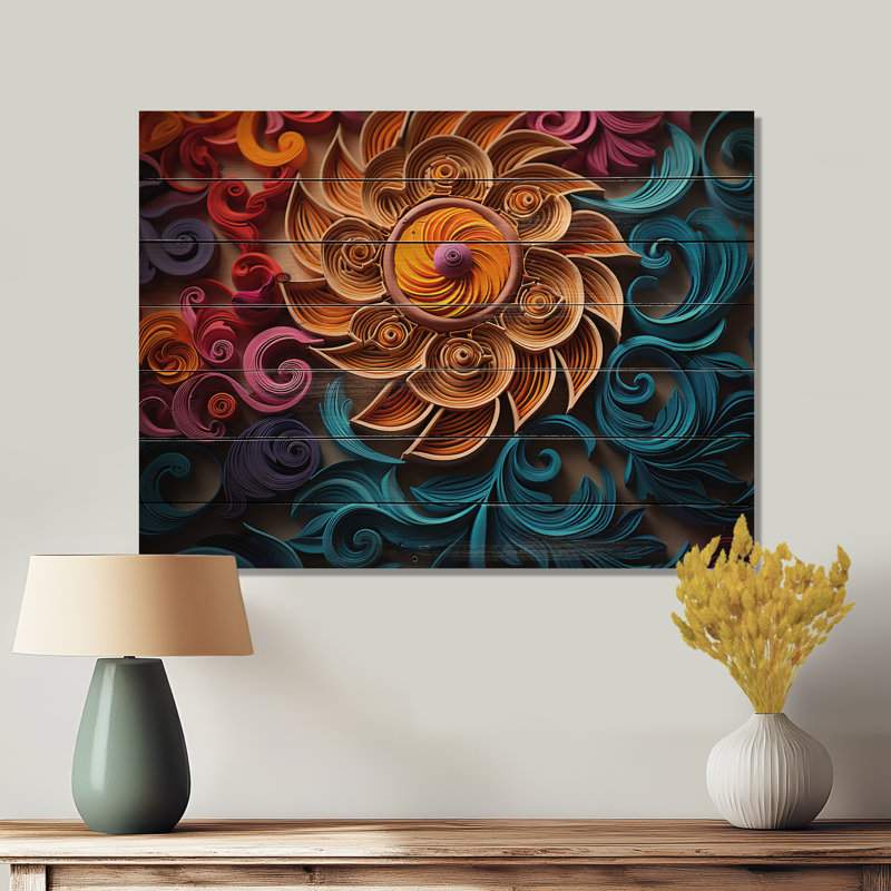 Art indien coloré et mystique Rangoli II sur bois, H 10 po x l 20 po x P 0,78 po