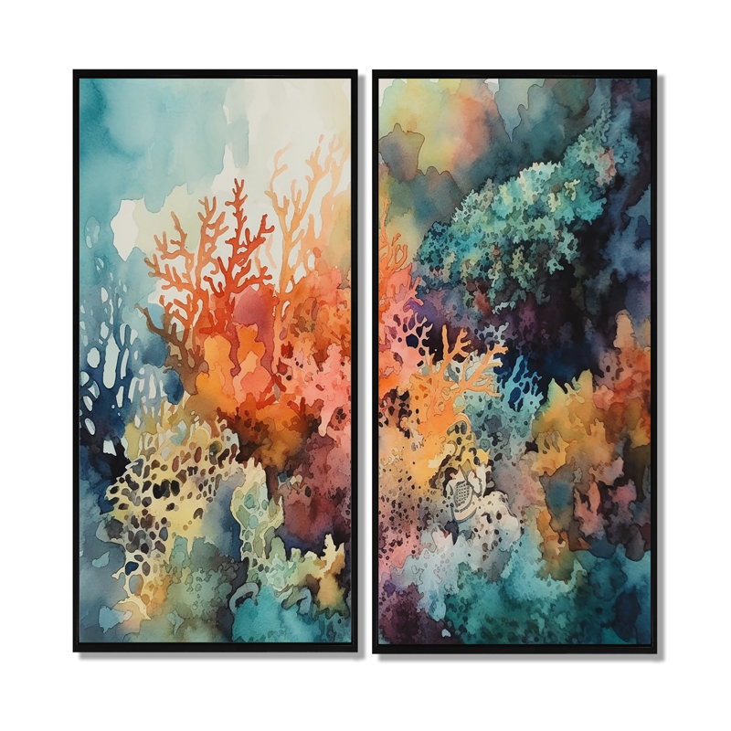 Vibrant Coral Reef I - Beige, reproduction d'art moderne sur toile 2 pièces, 20" H x 24" W, Impression encadrée flottante