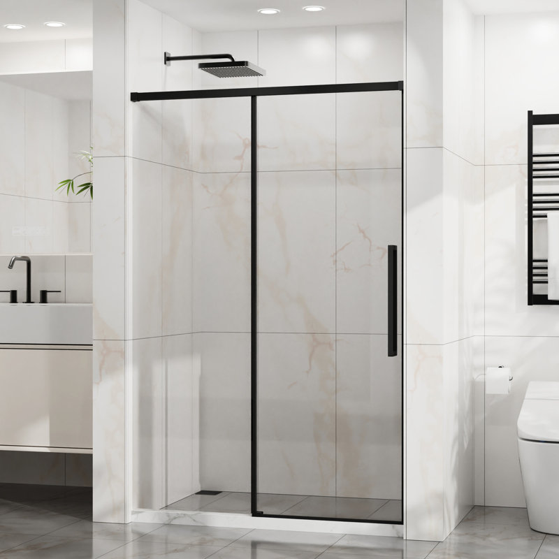 Porte de douche semi-automatique de 48 à 72 po, verre trempé épais de 1/4 po avec revêtement résistant, acier inoxydable noir mat, ouverture réversible à gauche ou à droite, conception à éclaboussures imperméables, roulettes lisses pour une utilisation à l'intérieur