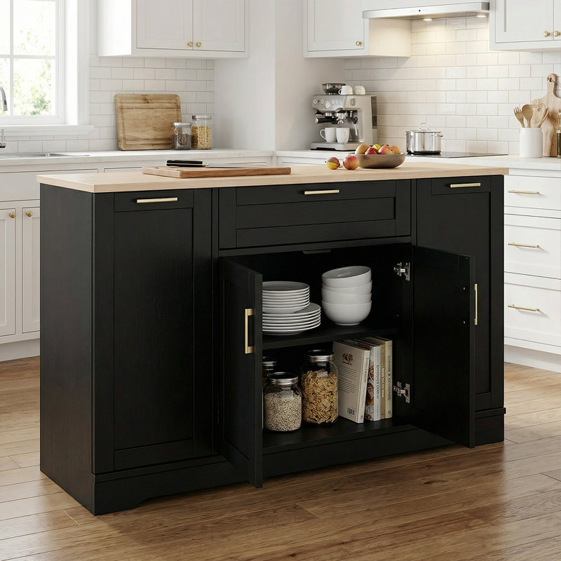 Buffet multi-fonctionnel pour îlot de cuisine - Table de salle à manger extensible, tablettes réglables, support coulissant à 3 niveaux