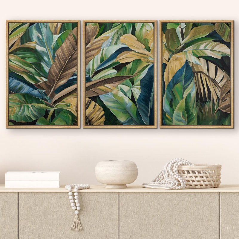 Plant Abstraction " Tropical Serenity Three-Piece Lush Green Foliage Banana Leaves Illustrations Modern Art Boho Decor " 3 - Pieces