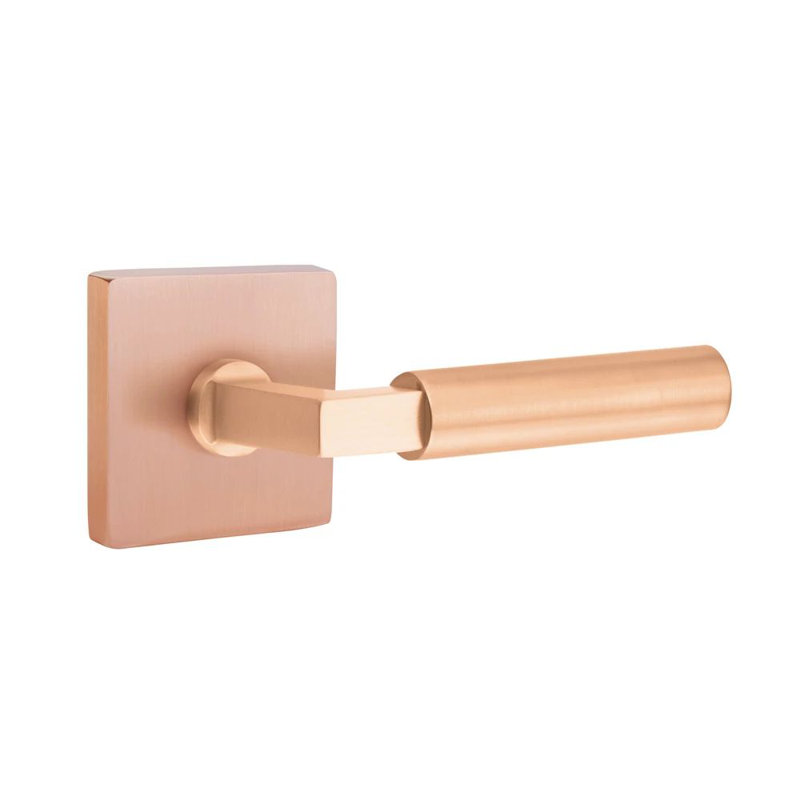 Mortaise intérieure Emtek Select Passage avec rosette carrée et tige carrée en L, levier lisse, Gauche, Or rose satiné