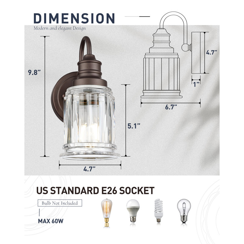 Steel Armed Sconce With Fluted Clear Glass, Oil Rubbed Bronze