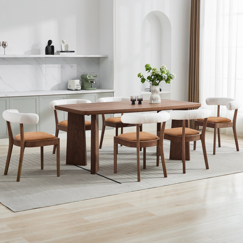Ensemble de table à manger moderne, table de salle à manger rectangulaire et chaise de salle à manger rembourrée à dossier demi-tonneau avec structure en bois massif pour la salle à manger / cuisine