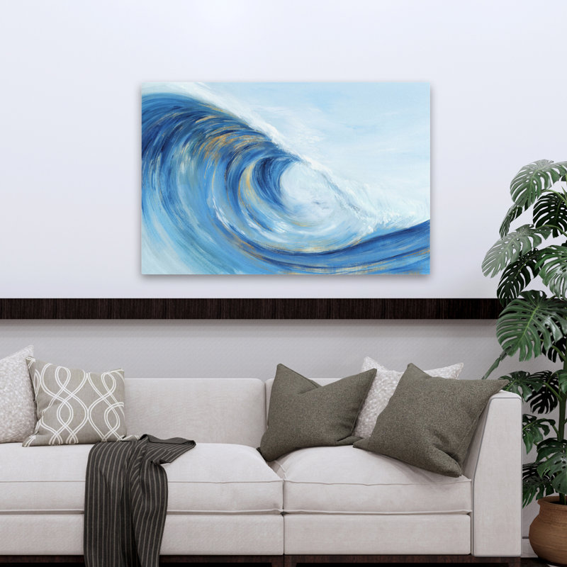 Wave Curl I, art abstrait bleu blanc, bleu clair, coquillages côtiers et corail, art contemporain, H 48 po x l 32 po
