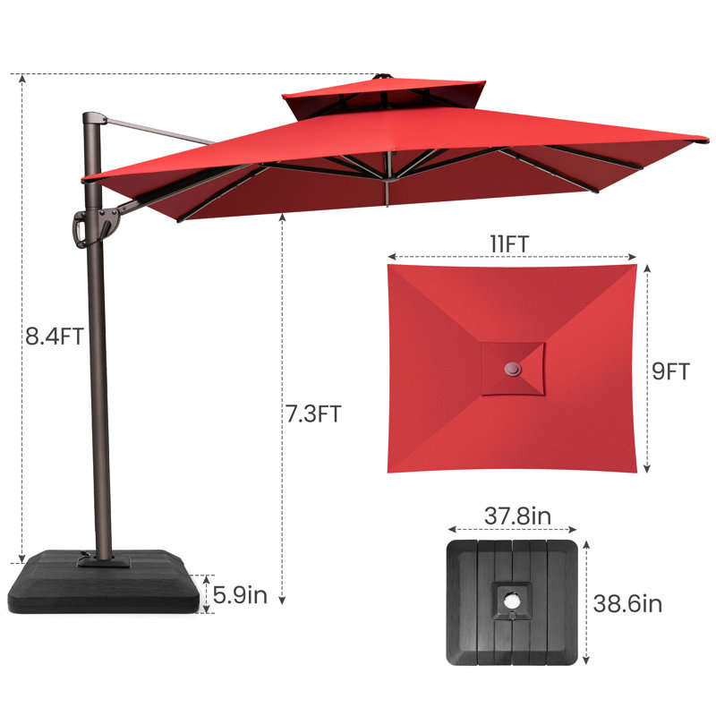 Sil 132'' x 108'' Rectangular Cantilever Umbrella with Crank Lift , Counter Weights Included, Red