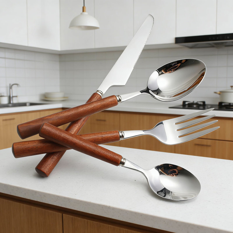 Ensemble de couverts en acier inoxydable avec poignée en bois, couverts de style rétro 16 pièces pour steak, dessert et repas de tous les jours