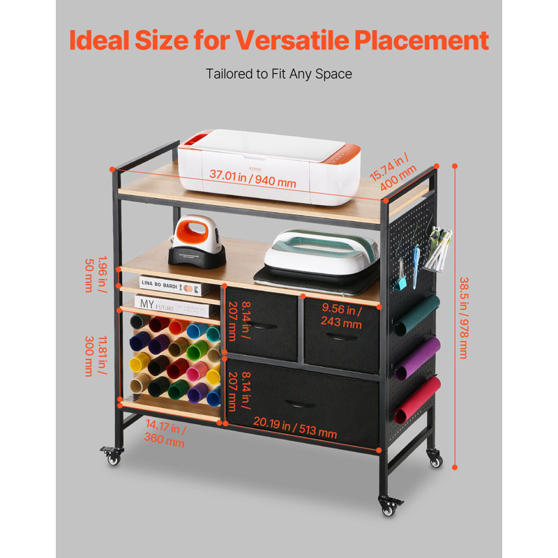 Chariot roulant et table de rangement, compatible avec les machines Cricut, poste de travail d'organisation de table d'artisanat, organisateur de rangement roulant avec 20 supports en vinyle et 3 tiroirs, noir