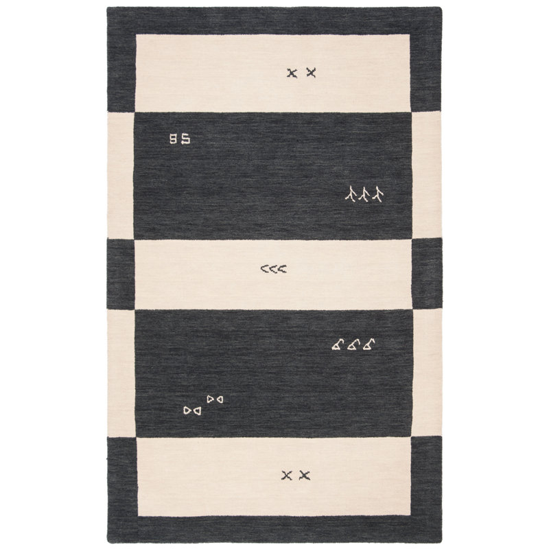 Tapis crème / noir en laine fait à la main Santiago, Rectangle de 5 pi x 8 pi