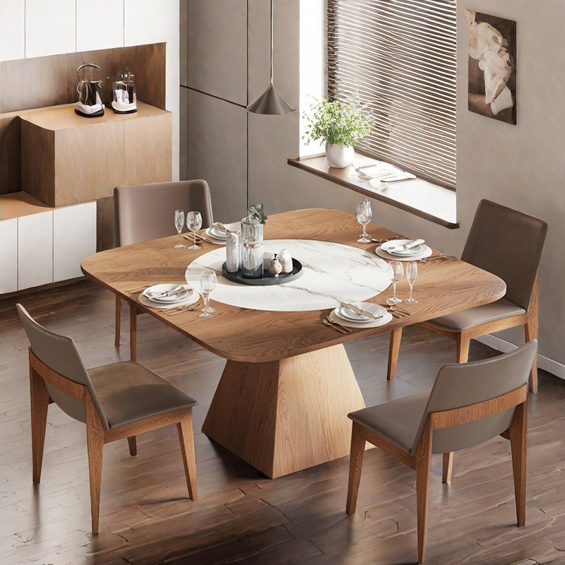 Modern Rotatable Square Wooden Dining Table Sets, 29.5"H x 53.1"L x 53.1"W