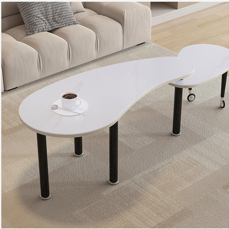 Table basse contemporaine rotative avec pieds en bois d'hévéa massif, table basse rotative à 360 degrés avec plateau en pierre frittée blanche de 6 mm pour le salon, la chambre à coucher, le balcon et le bureau personnel