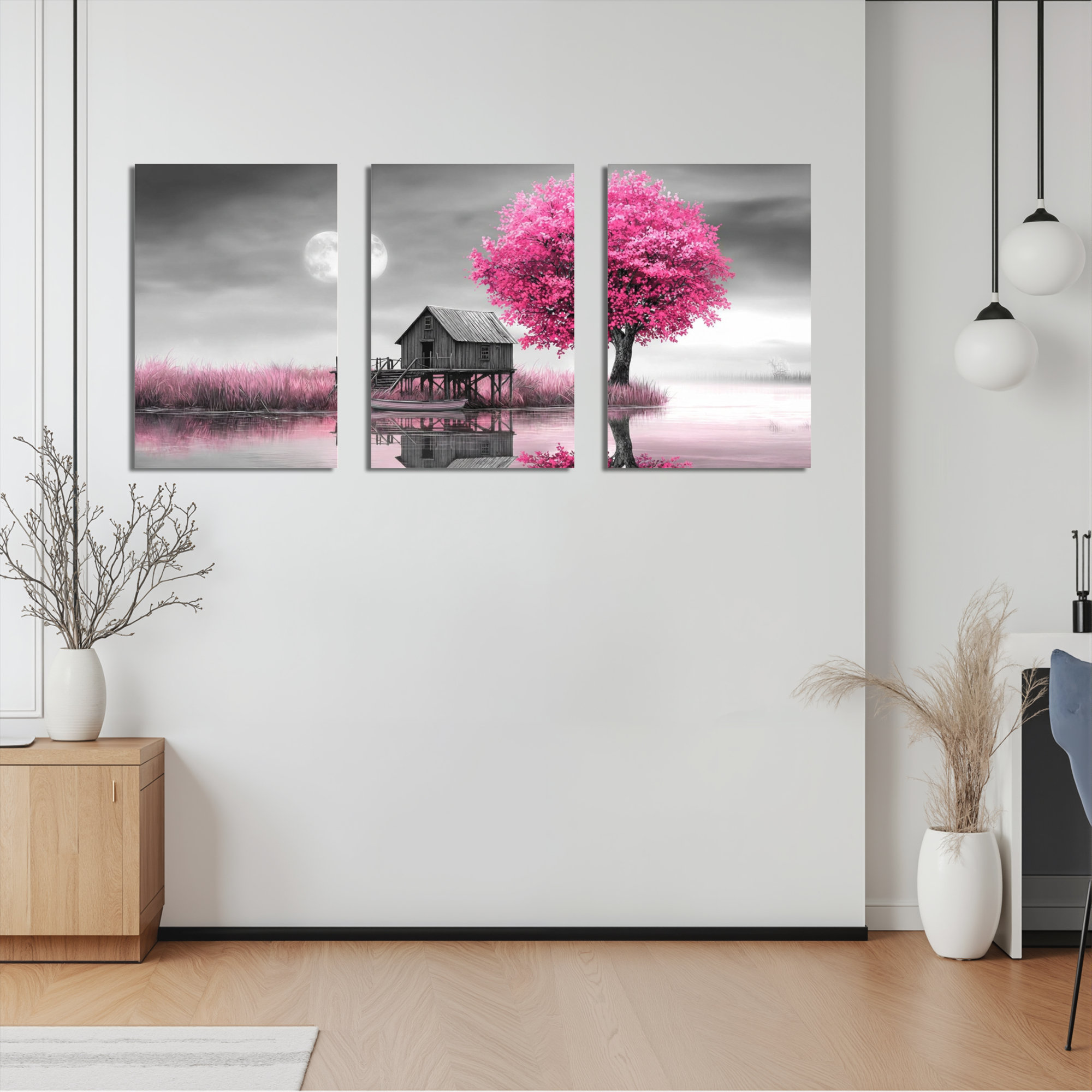 Winston Porter Pink Cherry Blossom Tree And Wooden Hut On Lake Canvas ...