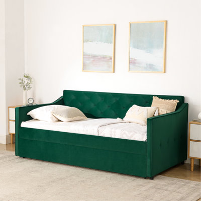 Lit de jour simple tapissier avec couchette escamotable et charge sur le bras droit, style Mid-Century, dossier à boutons, accoudoirs ondulés, structure pour le décor de la chambre à coucher, décoration des accoudoirs, cadre