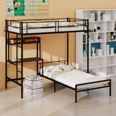 L-Shaped  Bunk Bed With Desk,Storage Shelves