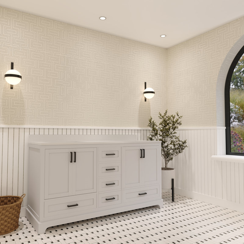 Meuble-lavabo double 60 po Maya avec comptoir en quartz blanc Maya, Blanc, Noir mat