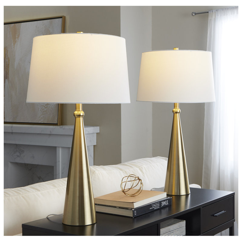 Lampe de table contemporaine en métal de 76 cm (30 po) avec revêtement en lin doré et blanc - Paquet de 2