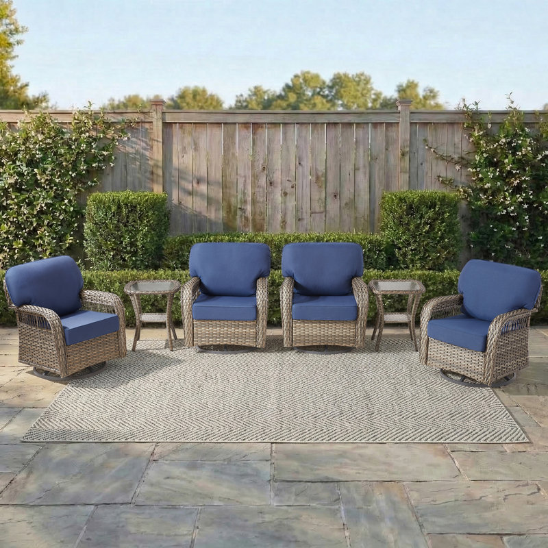 Ensemble de conversation pour patio en osier 6 pièces avec 4 chaises pivotantes et tables d'appoint, Bleu, Gris clair