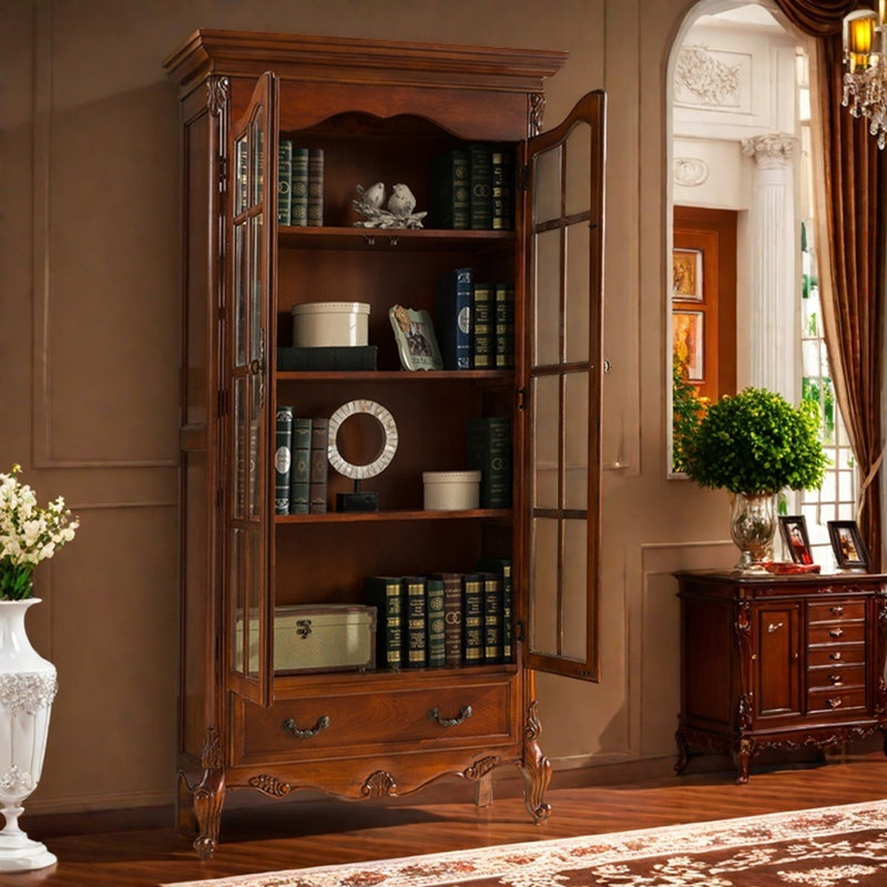 Bibliothèque rétro avec porte en verre de luxe, (4 tablettes) H 78,74 po x l 35,43 po x P 14,96 po