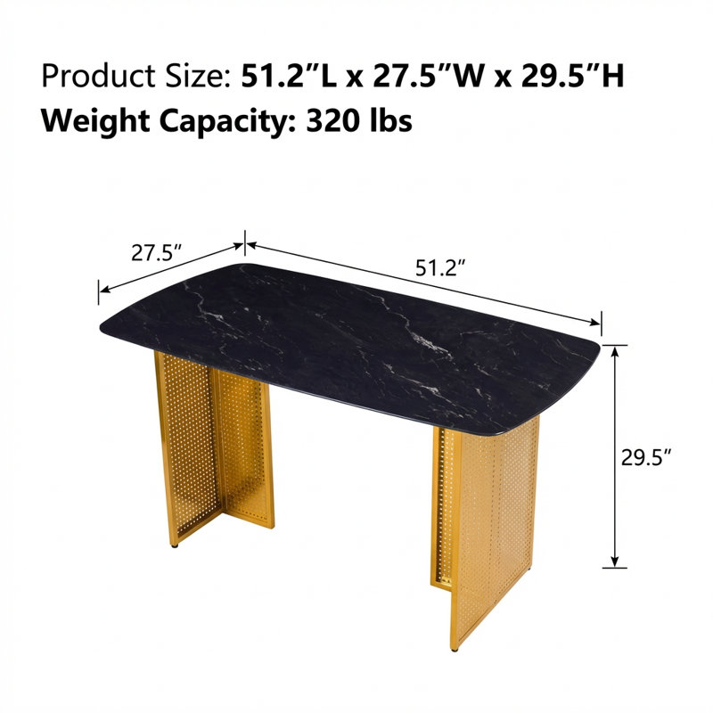 Table de salle à manger rectangulaire moderne en verre trempé avec motif en marbre et pieds en métal