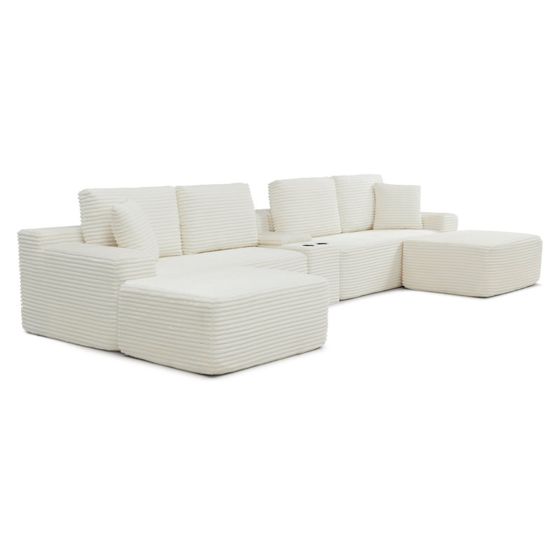 150'' Oversized Sectional Sofa, Cloud Couch with Deep Seat,L-Shape Sofa with Cup Holders and USB Ports ,Upholstered Corduroy Couches for Living Room,Beige