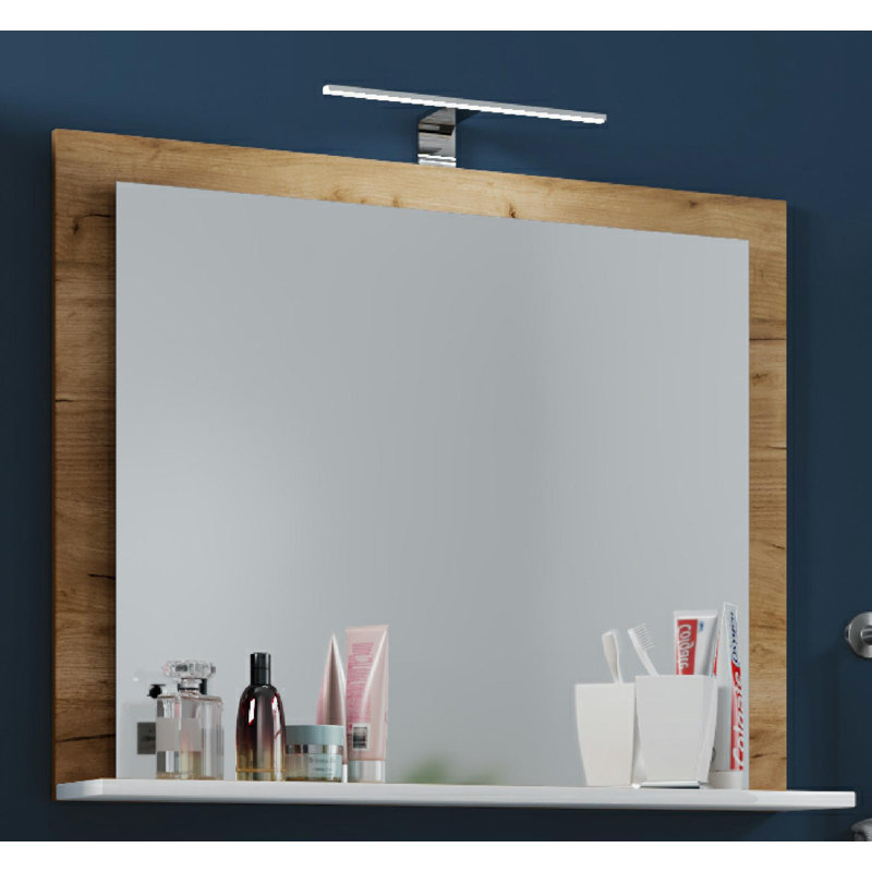 Elverda Wood Flat Wall Mirror with Shelves, 55cm H x 80cm W, Brown/White