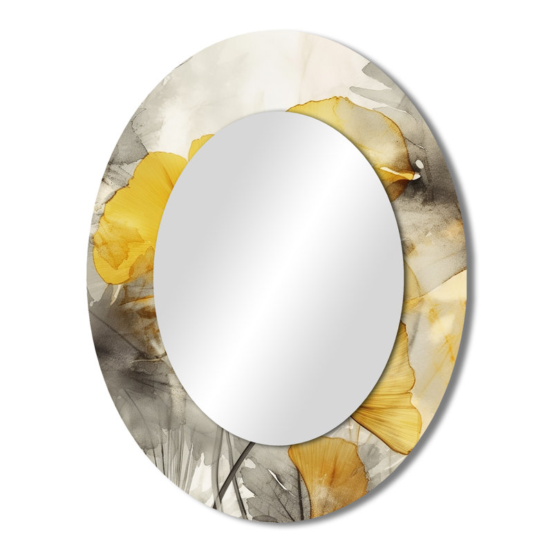 Palm Tropical Ginkgo Artwork III - Large Oval Wall Mirror On Metal, 43" x 33"