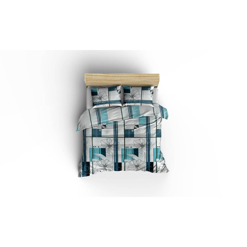 Ensemble de housse de couette 100% coton blanc / gris / turquoise Harley