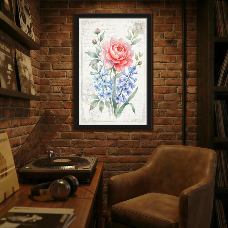 Bouquet de plantes et de fleurs avec rose rose et fleurs bleues, H 18 po x l 12 po